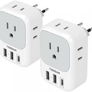 2 Pack European Plug Adapter USB C, TESSAN US to Europe Plug Adapter with 4 Outlets 3 USB Charger, Type C Power Adaptor to Italy Spain France Portugal Iceland Germany, Gray White
