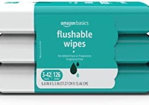 Amazon Basics Adult Wet Wipes Flushable Fragrance Free, 126 Count (3 Packs of 42) Packaging May Vary
