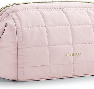 BAGSMART Makeup Bag Travel Toiletry Bag, Puffy Padded Make Up Bags for Women Makeup Organizer Case, Wide-open Pouch Purse Travel Essentials Toiletries Accessories Brushes, Pink