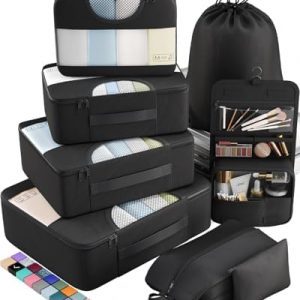 Veken 8 Set Packing Cubes for Travel Essentials, Suitcase Organizer Bags Set for Luggage, Road Trip Travel Accessories in 4 Sizes (Extra Large, Large, Medium, Small), Black