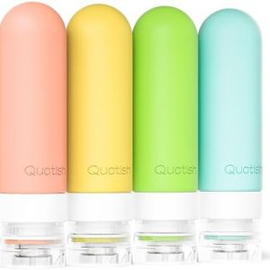 Quatish Travel Bottles for Toiletries, Original Patented Leak Proof Travel Size Containers, 3 oz Tsa Approved Silicone Shampoo and Conditioner Bottles, 4 Pack, Multi-Color