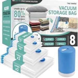 Travel Vacuum Bags with Electric Pump, 8 Pack Vacuum Travel Bags for Luggage and Suitcase, Vacuum Seal Space Saver Compression for Clothes Clothing