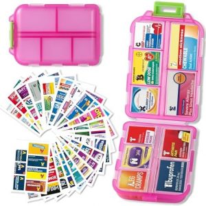 Pill Organizer with Medicine Labels Travel Daily Pill Container Mini Medication Organizer Storage Pill Organizer Travel Essentials Pill Case 7 Day Pill Organizer(Pink & 161 Lables)