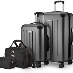 Amazon Basics 4-Piece Luggage Set, Including Two Hardside Suitcases With Multi-directional Spinner Wheels (22" Carry-On and 28" Checked), 15" Tote Bag and 10" Compact Travel Bag, Black
