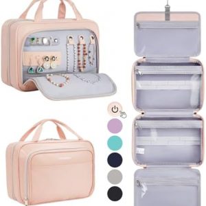 OlarHike Travel Toiletry Bag for Women, Hanging Waterproof Portable Organizer, 3 in 1 Cruise Essentials Packing Organizer, Makeup & Jewelry Storage, Cosmetic Travel-Sized Container, Medium Size, Pink
